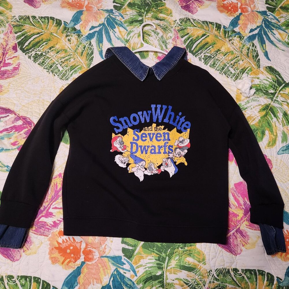 Upcycled custom Snow White and the Seven Dwarfs 1/4 zip sweatshirt with denim